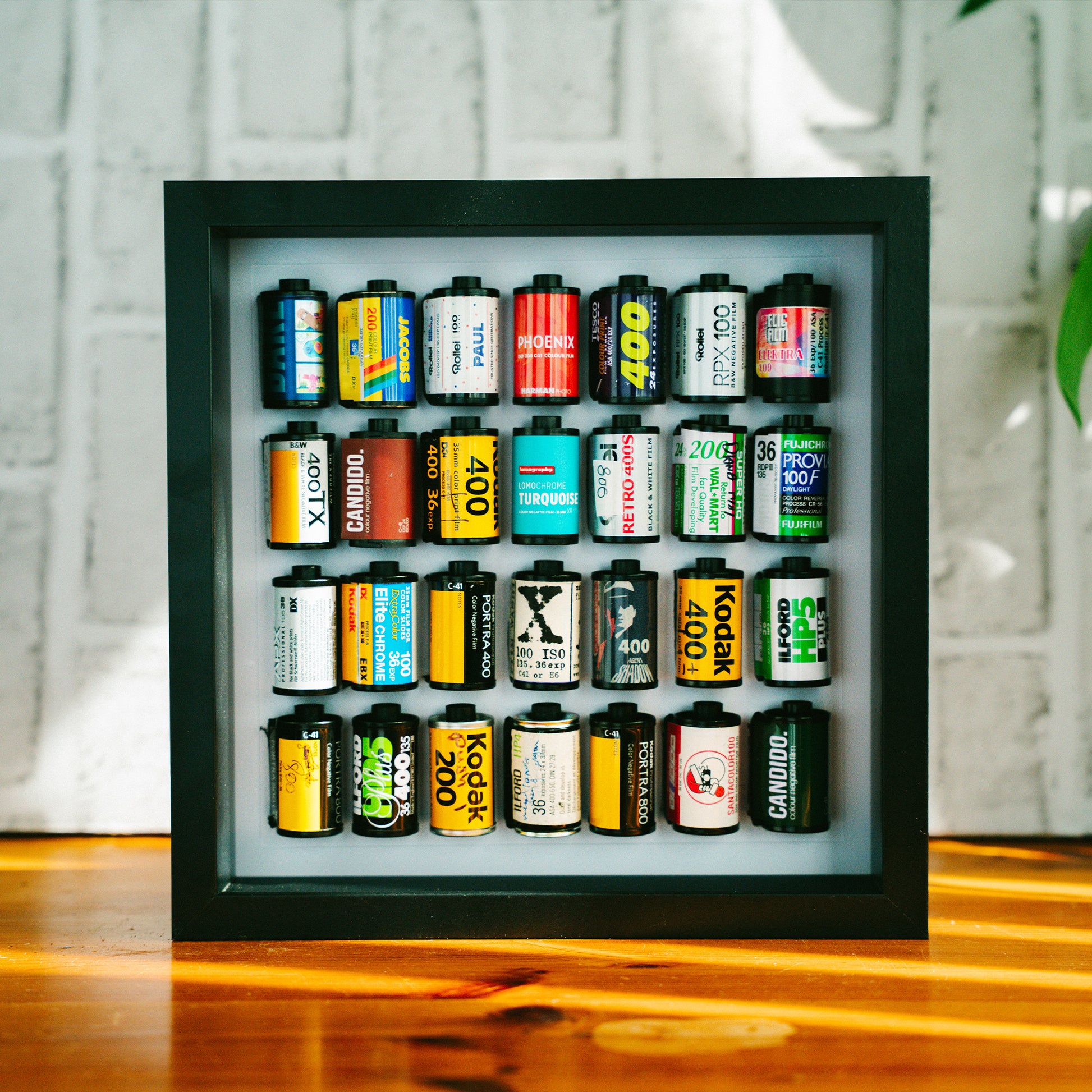 Collection of 35mm film canisters displayed in a framed shadow box, featuring brands including Kodak, Fujifilm, Ilford, Cinestill, and Candido, arranged in four rows on a warm wooden surface.
