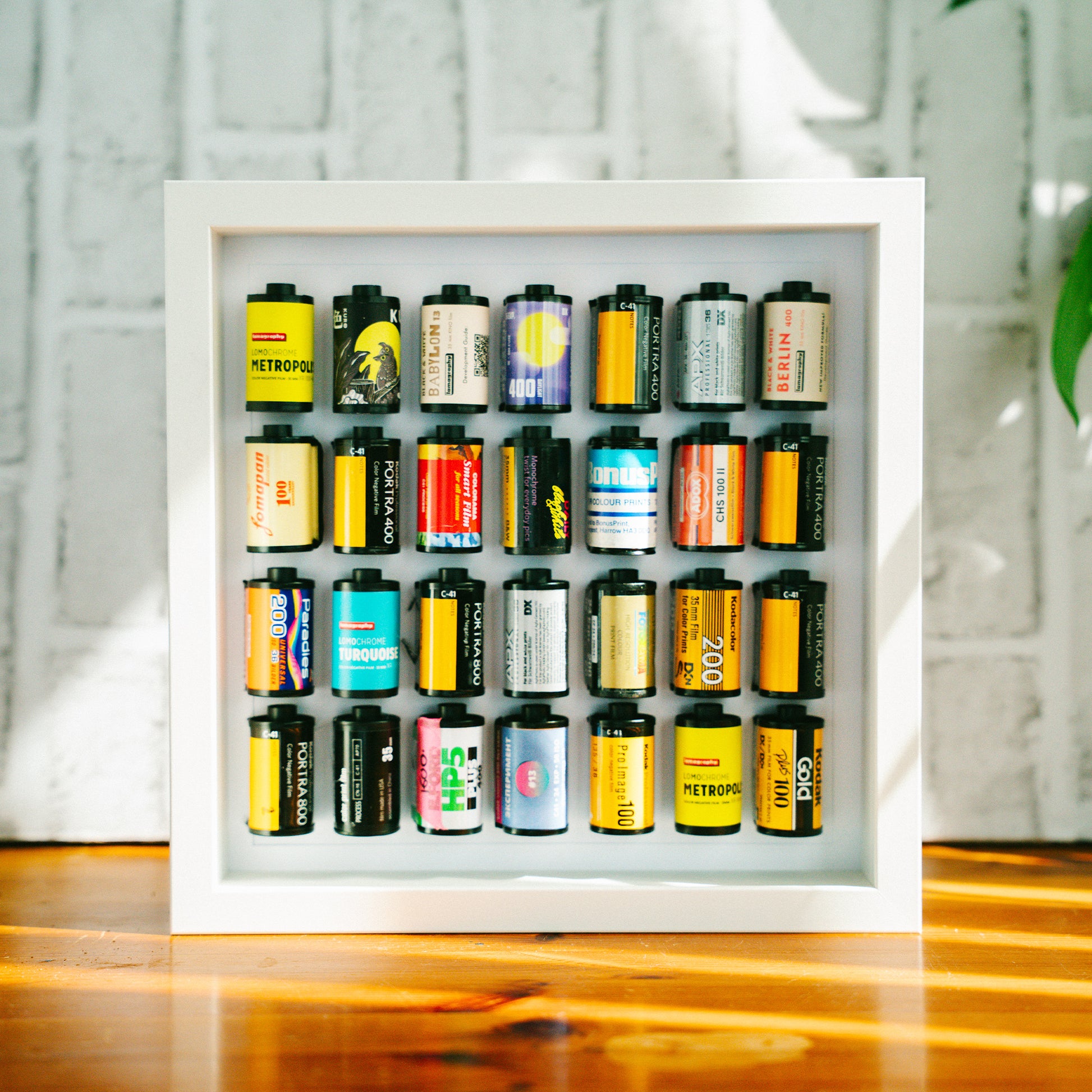 Collection of 35mm film canisters displayed in a framed white shadow box, featuring brands including Kodak, Fujifilm, Ilford, Cinestill, and Candido, arranged in four rows on a warm wooden surface.